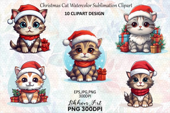 10 Christmas Cat Watercolor Clipart for Modern Illustrations