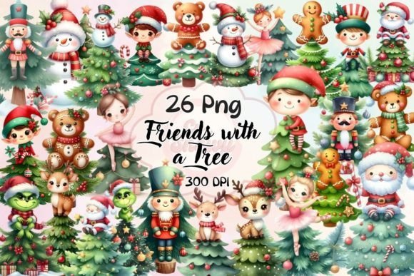 Christmas Friends with a Tree Clipart for Illustrations