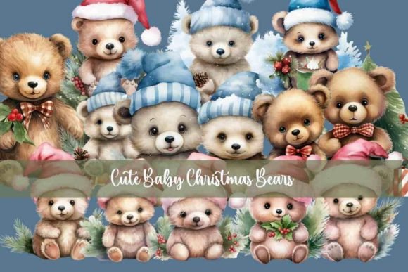 Cute Baby Christmas Bears, Watercolour Illustrations