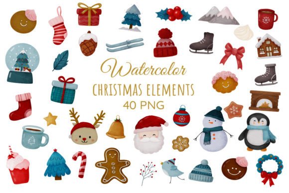 Cute Christmas Clipart Watercolor PNG for Illustrations