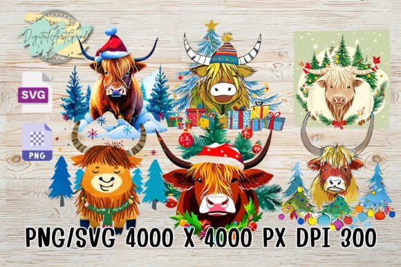 Cute Highland Cows Christmas Drawing SVG for Illustrations