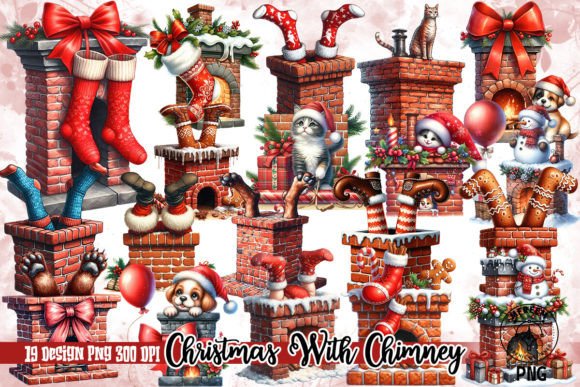 Funny Christmas with Chimney Clipart PNG & Illustrations