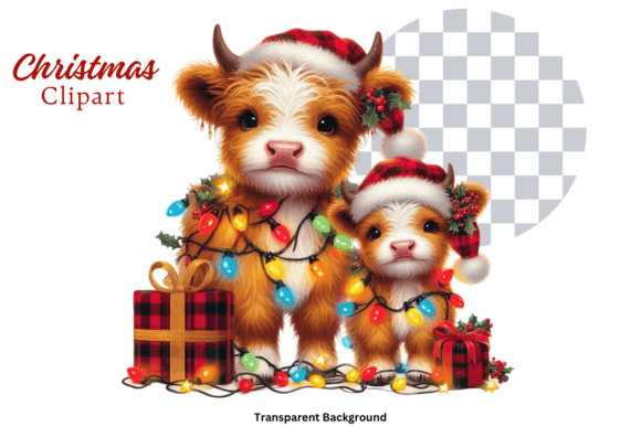 Highland Cow Christmas Lights Clipart for Modern Illustrations