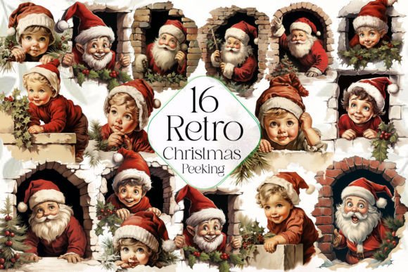 Retro Christmas Peeking Clipart for Blog & Illustrations