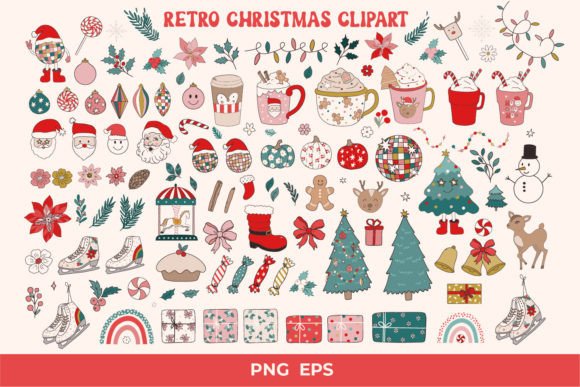 Retro Groovy Christmas Clipart EPS,PNG for Illustrations