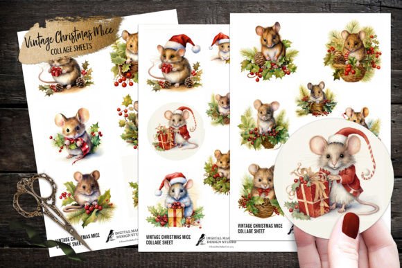 Vintage Christmas Mice Collage Sheets for Illustrations