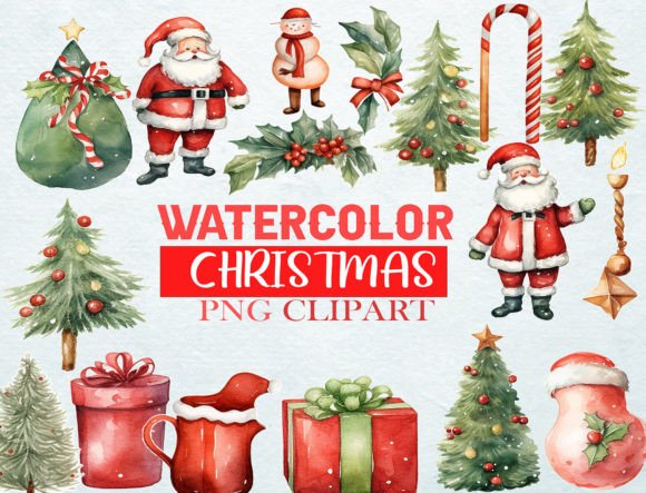 Watercolor Christmas Clipart PNG Set for Creative Illustrations