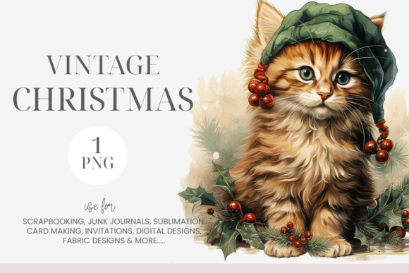 Watercolor Vintage Christmas Cat Clipart for Illustrations